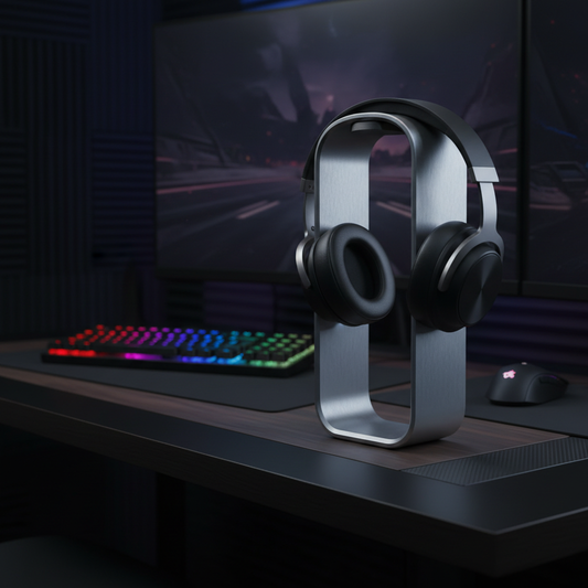 Premium aluminium headphone stand on a gaming desk with headphones resting on it