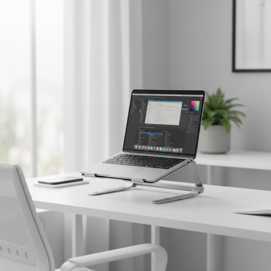 Foldable aluminium laptop stand on a modern desk with laptop at eye level